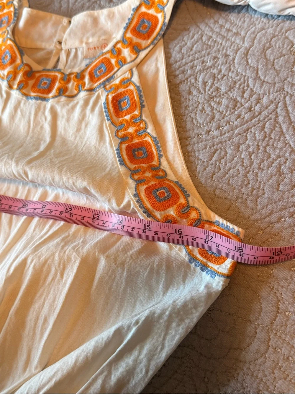 Tory Burch White Sleeveless Dress with Orange and Light Blue Embroidery